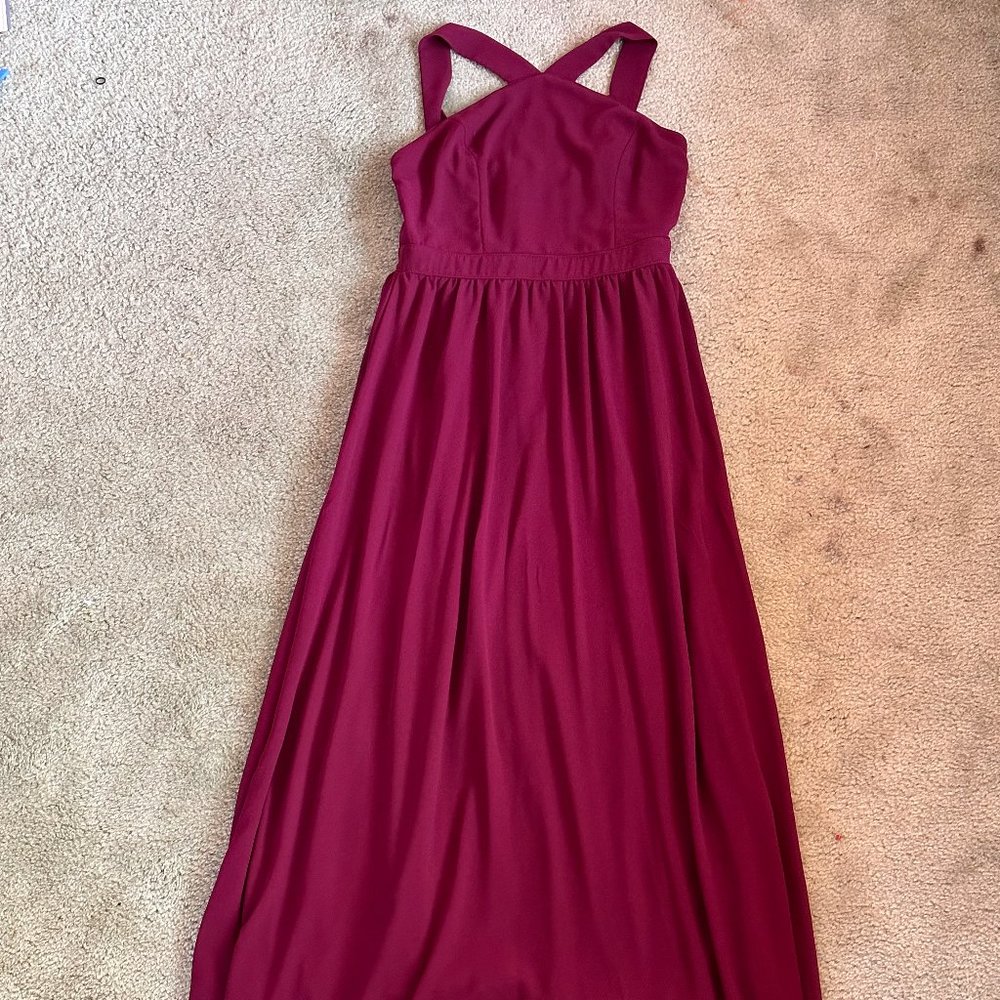 floor length dress, chiffon, burgundy, size medium, lulus